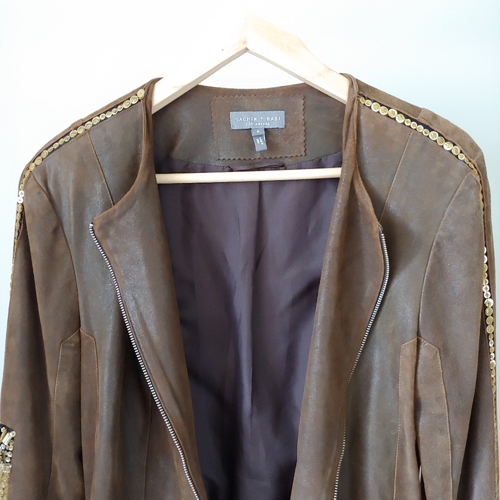 Sachin + Babi For Ankasa Brown Leather Jacket Size 8 - Picture 10 of 16